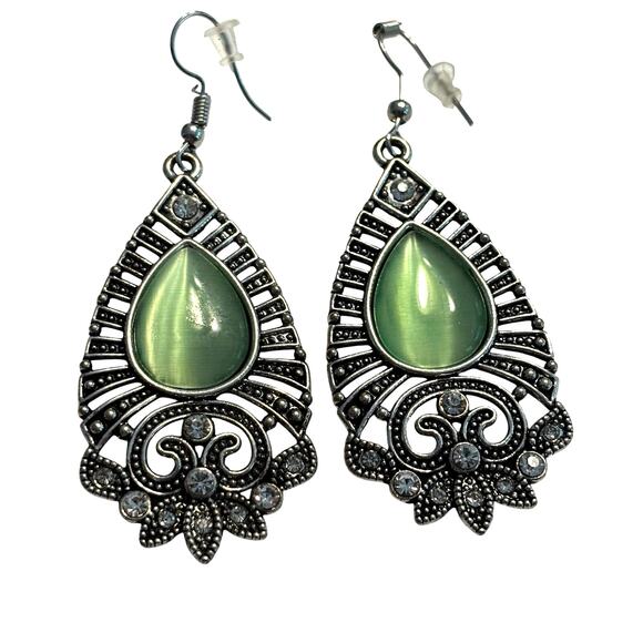 Pierced earrings ornate Silvertone teardrops green moonstone centers drop dangle - Picture 2 of 6